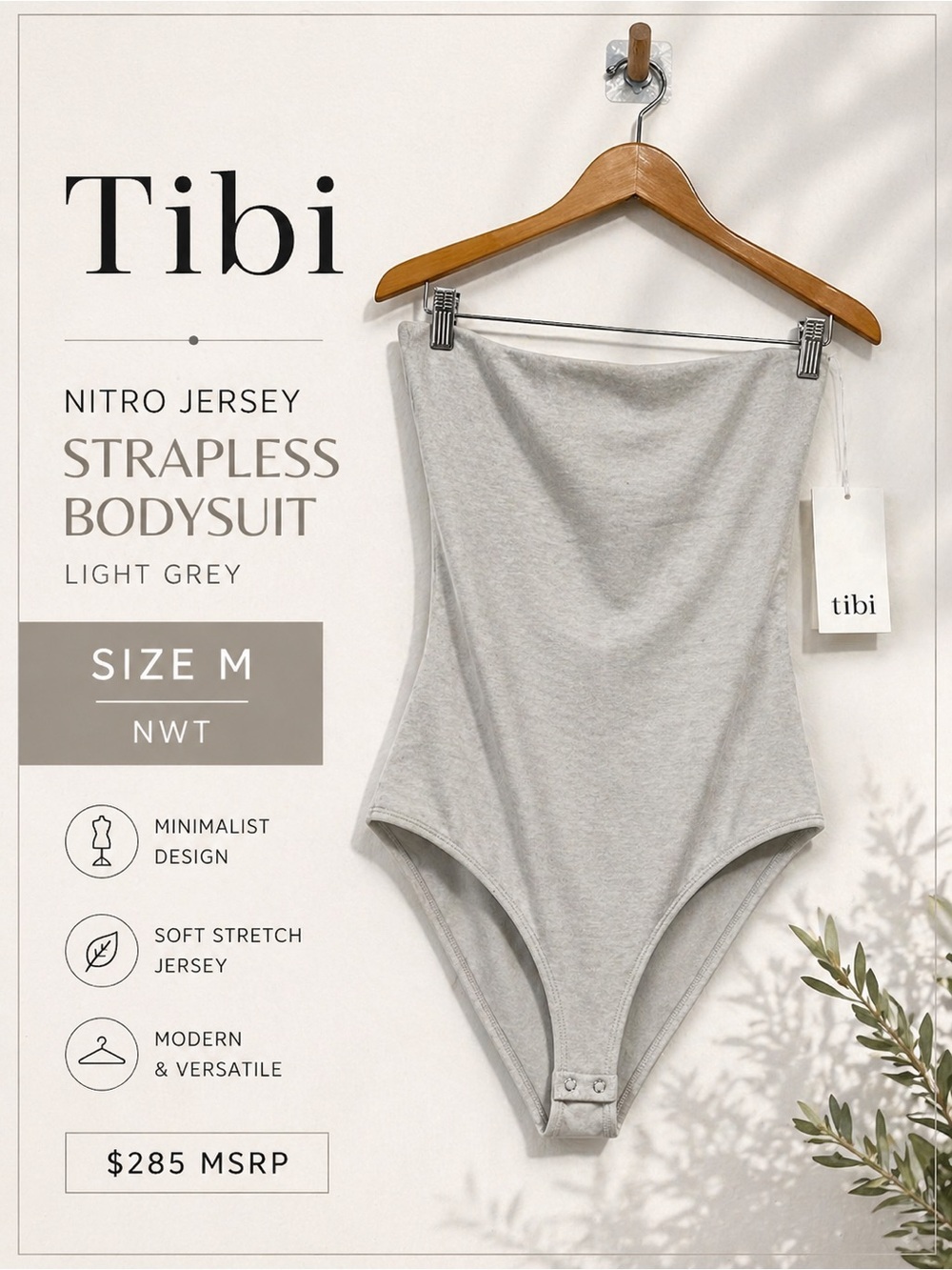 Tibi Nitro Jersey Strapless Bodysuit Light Grey Size M NWT $285 MSRP